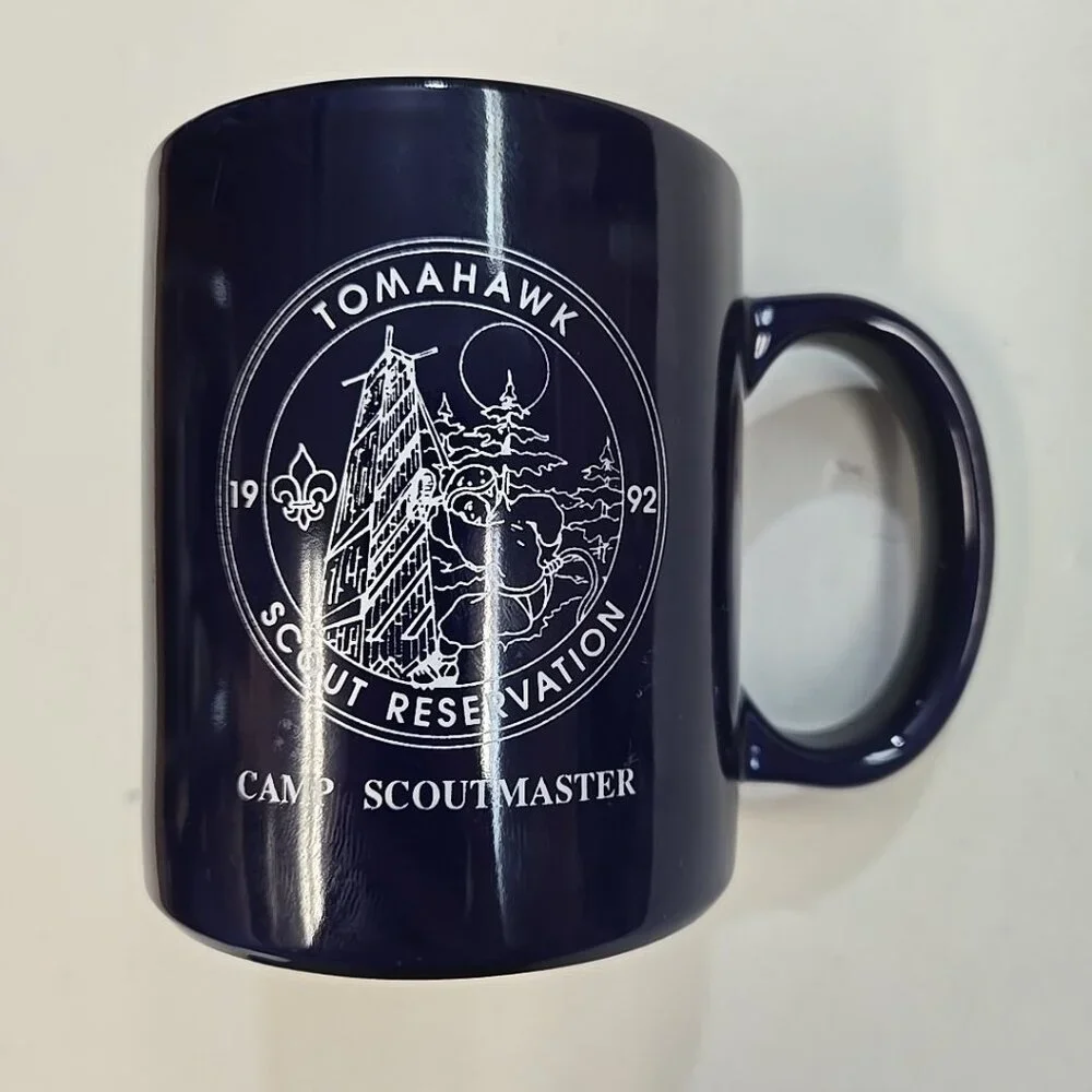 Vintage Boy Scout Mug Tomahawk Scout Master 1992 '92 Camp Navy Blue BSA